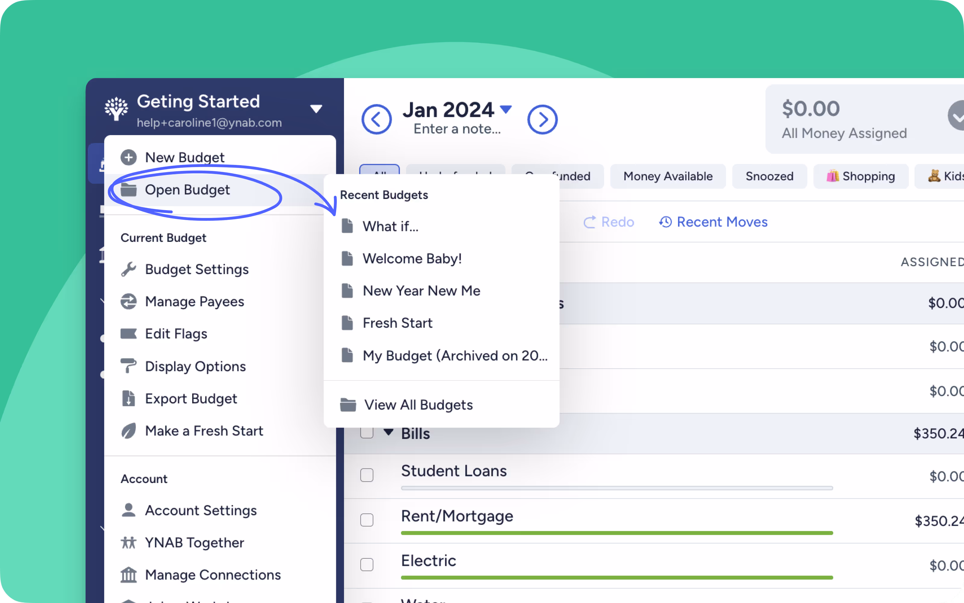 A screenshot of recent budgets from the settings of the YNAB web app